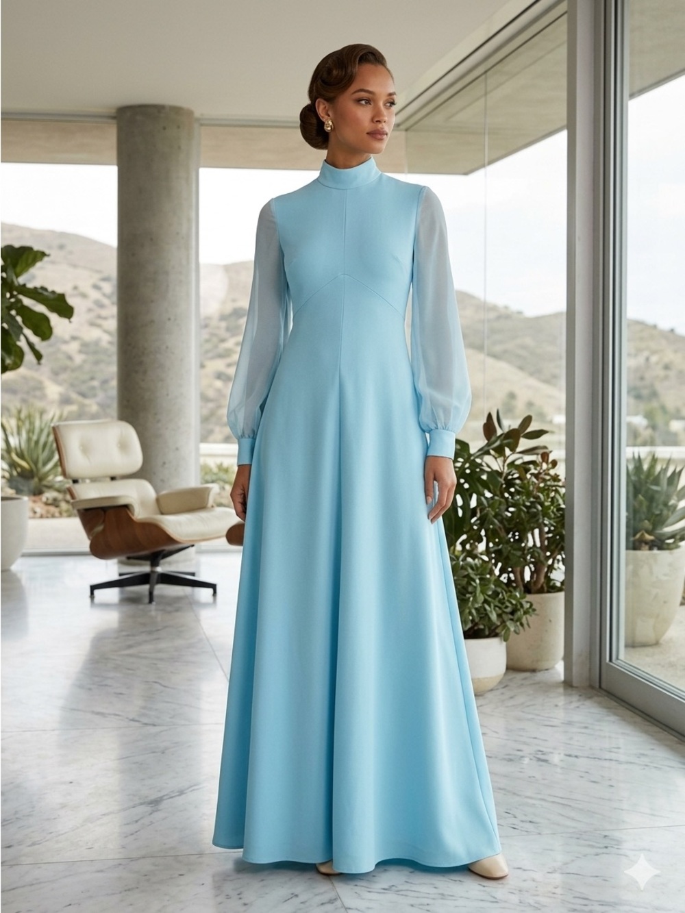 1970's Fashion Style Elegant Blue Long Sleeve Maxi Dress Mother of the Bride 14